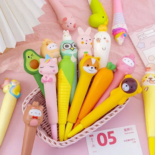 Kawaii 1Pc Adorable Cartoon Fruit Animal Gel Pen 🍓🐻 Soft & Squishy Decompression Stationery for Kids 🎉 0.5mm Fun Writing Tool
