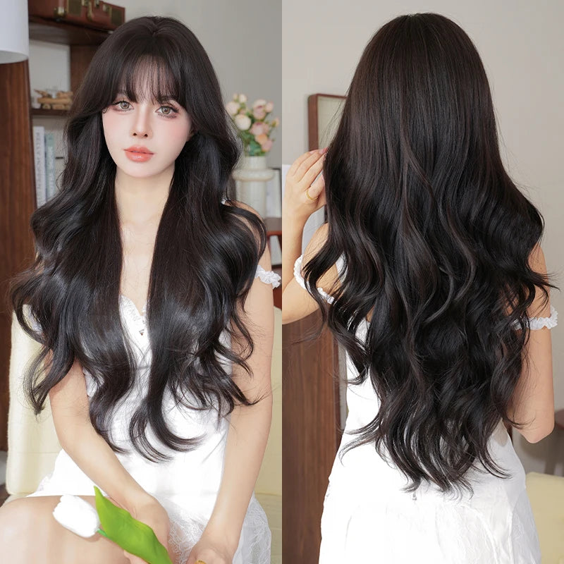 Kawaii Dreamy Sakura Pink Wavy Wig 🌸✨ | High-Density Curly Hair with Bangs for Sweet Girls 💖🎀