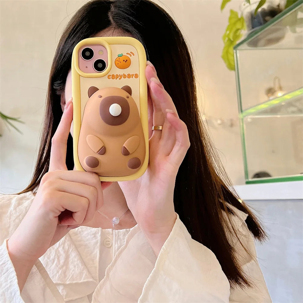 Adorable Kawaii Capybara Squishy Phone Case for iPhone 15/14/13/12/11 Pro Max 🐾💖 – Soft Silicone Bubble Blower Protection!