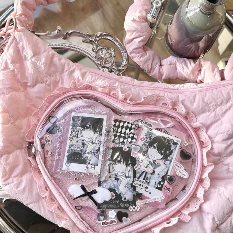 Transparent Heart Pocket Japanese Pain Bags Pleated Shoulder Strap Harajuku Dumpling Bags Lace Y2k Lolita Girls Bag Women's Bags