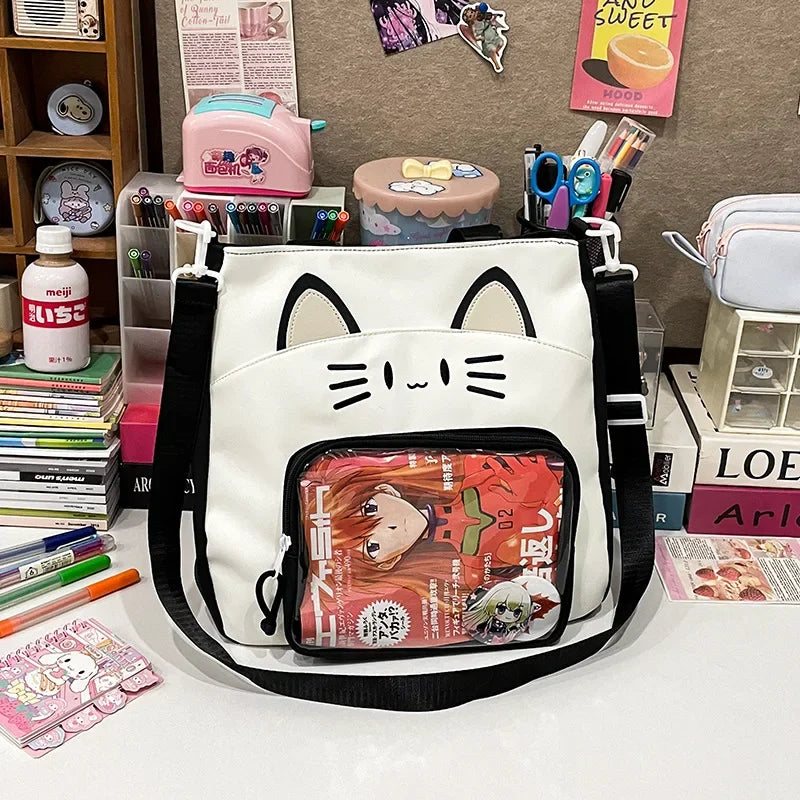 Kawaii Cat Love 💖✨ Large Nylon Ita Shoulder Bag - Versatile Crossbody Handbag with Transparent DIY Pocket 🐾🌈