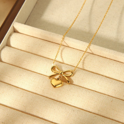 Kawaii Bow Heart Pendant Necklace 💖✨ | Dainty 18K Gold Plated Stainless Steel Jewelry for Women 🌟🎀