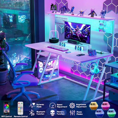 Kawaii Pink Gaming Desk 🌸✨ with LED Lights, Storage Shelves & Pegboard | Perfect for Gamers 🎮💖