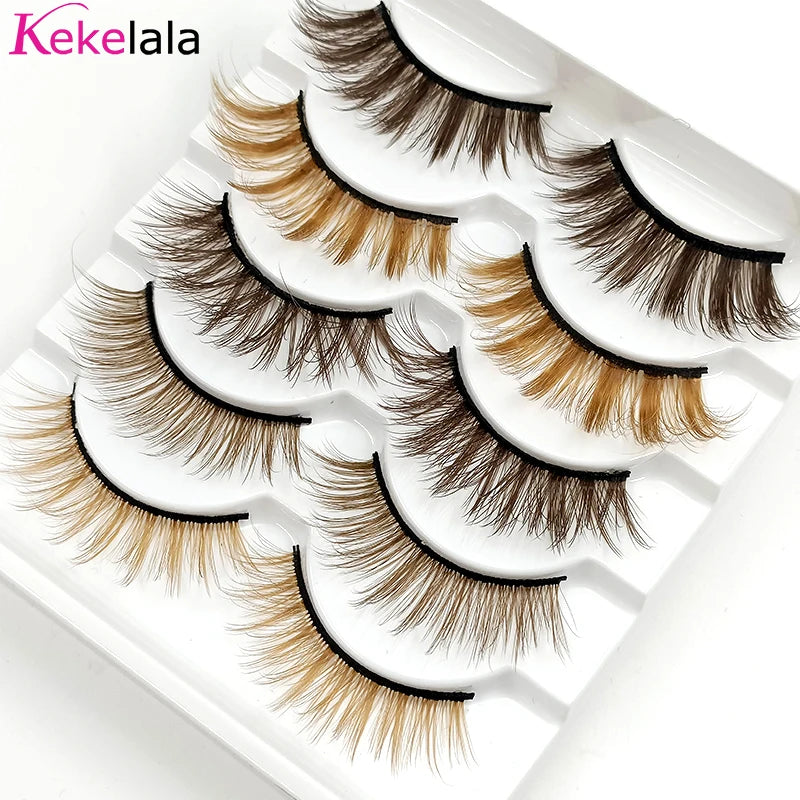 🌈 Kawaii 5 Pairs Faux Mink Brown Strip Lashes ✨ Whimsical Eye Extensions for Fun Looks! 🥳