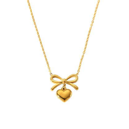 Kawaii Bow Heart Pendant Necklace 💖✨ | Dainty 18K Gold Plated Stainless Steel Jewelry for Women 🌟🎀