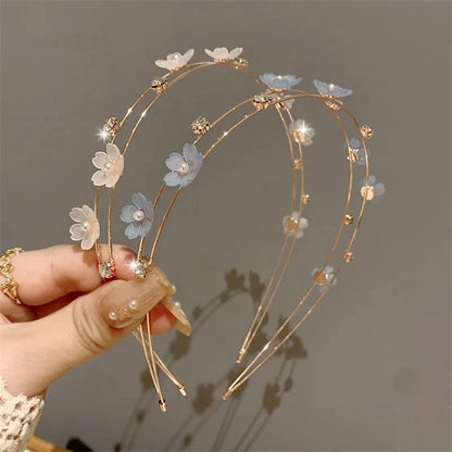 Kawaii Double Layer Floral Pearl Headband 🌸✨ - Shiny Rhinestone Hairband for Trendy Women! 🎀👑