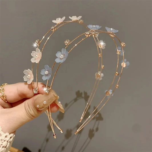 Kawaii Double Layer Floral Pearl Headband 🌸✨ - Shiny Rhinestone Hairband for Trendy Women! 🎀👑