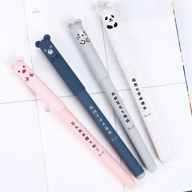 Kawaii Erasable Gel Pen Set 🐷🐻🐱🐭 - 4 Adorable Designs for School & Office ✏️✨ - 0.35mm Blue & Black Ink