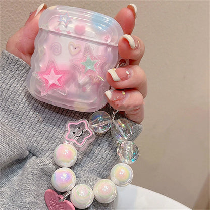 Korean Cute 3D Pink Star Wavy Border Headphones Case For AirPods 1 2 3 With Love Heart Bead Pendant Soft Cover For AirPods Pro 2 - Pixie Quill