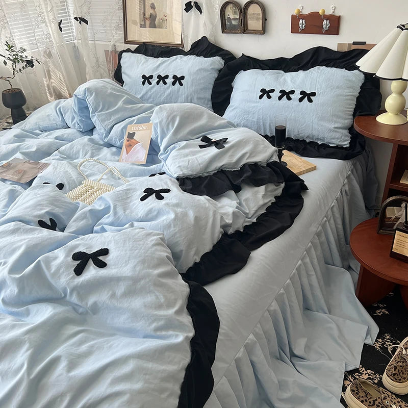 Kawaii Princess Black Bow Bedding Set 🖤✨ Soft Cotton Duvet Cover & Pillowcases for Dreamy Sleep 💤🌸