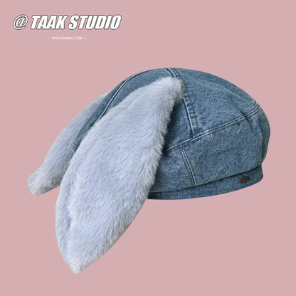 Denim Bunny Ear Beret For Women Winter Hat Cute Casual Cartoon Newsboy Style 🐰