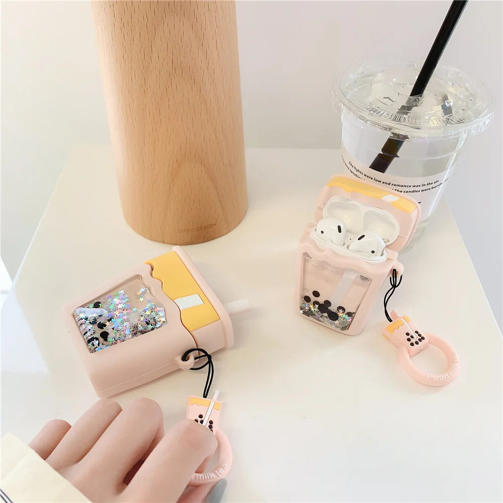 Kawaii Quicksand Glitter Bubble Milk Tea AirPods Pro Case 🌟🍵 | Cute 3D Silicone Cover for Wireless Earphones 🎧✨