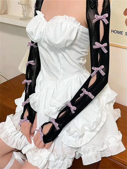 Y2K Glam Lace Shrug Gloves With Bow Fishnet Arm Sleeves 🌸🖤