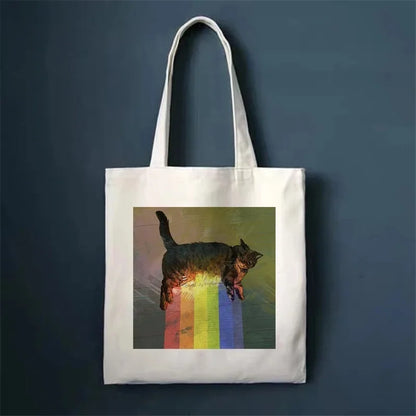 🐾 Whimsical Cat Canvas Tote 🌈 - Cute & Eco-Friendly Shopping Bag for Trendy Girls 🛍️✨ - Pixie Quill