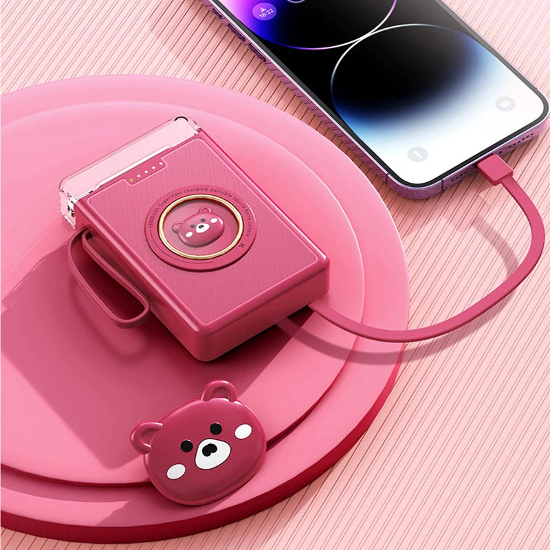 Kawaii 20000mAh Mini Power Bank 🐾✨ Cute Pet Cartoon Design with 4 Built-in Cables & LED Light!