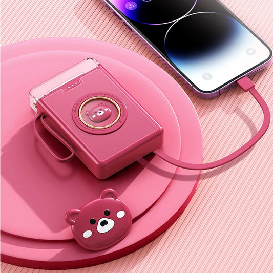 Kawaii 20000mAh Mini Power Bank 🐾✨ Cute Pet Cartoon Design with 4 Built-in Cables & LED Light!