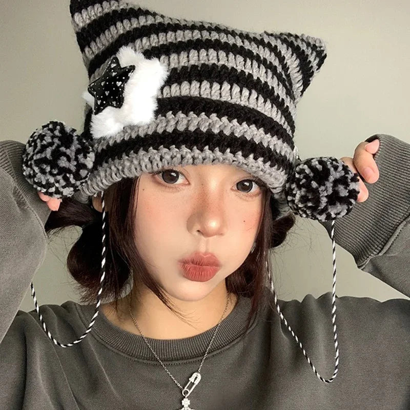 Y2K Cute Star Devil Knitted Beanie Hat Ins Skullies Striped Knitting Wool Cap Autumn Winter Cat Ears Pointed Pullover Women Hats