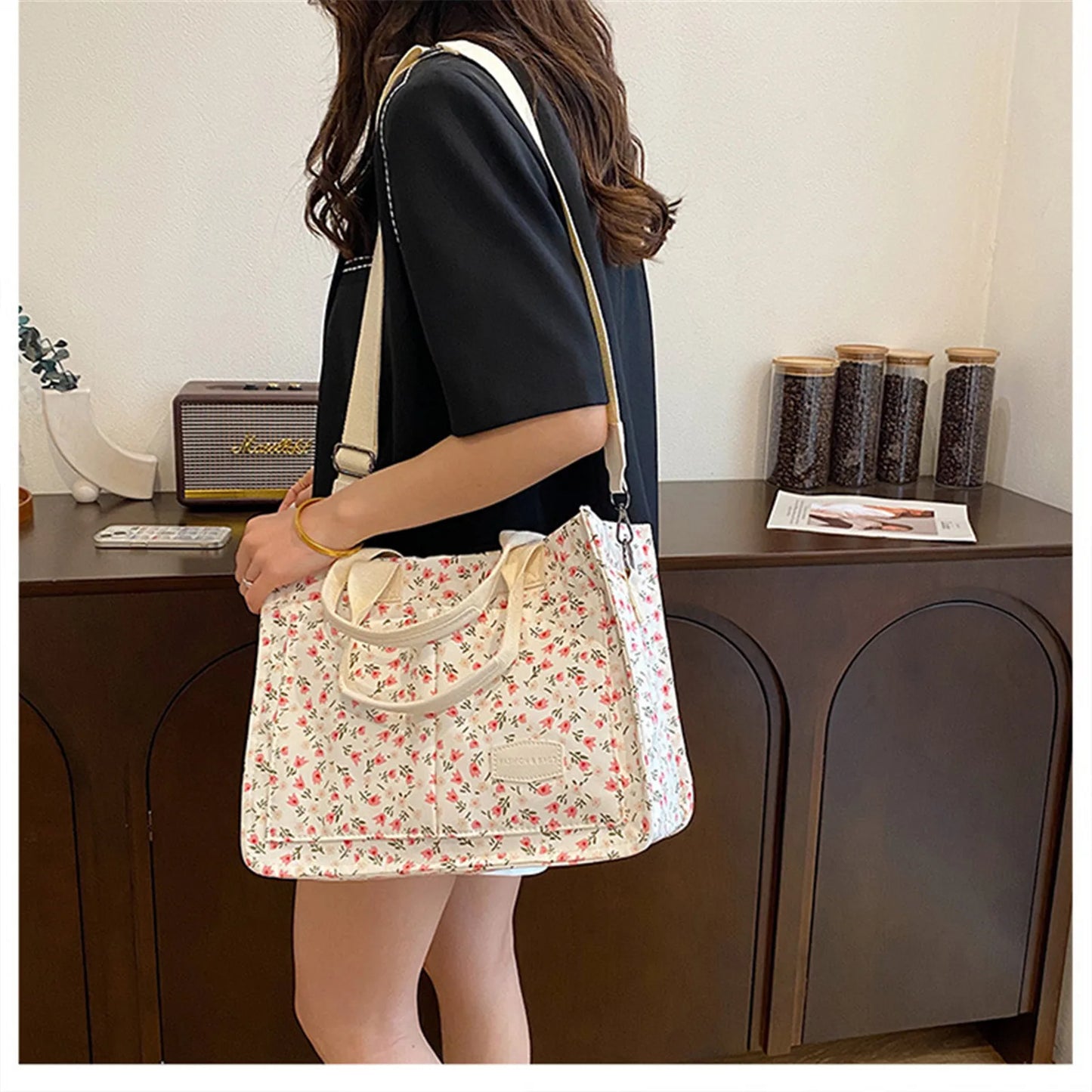 Kawaii Cherry Blossom Tote Bag 🍒✨ - Cute Multi-Pocket Canvas Handbag for Women | Perfect for Work & Travel ❤️👜