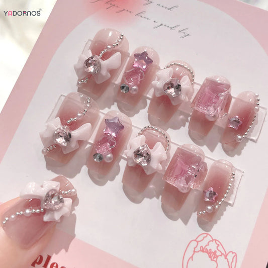 Kawaii Blush Pink 3D Bowknot & Pearl Press-On Nails 💖✨ | 24pcs Adorable Fake Nail Tips for Cute DIY Manicures!