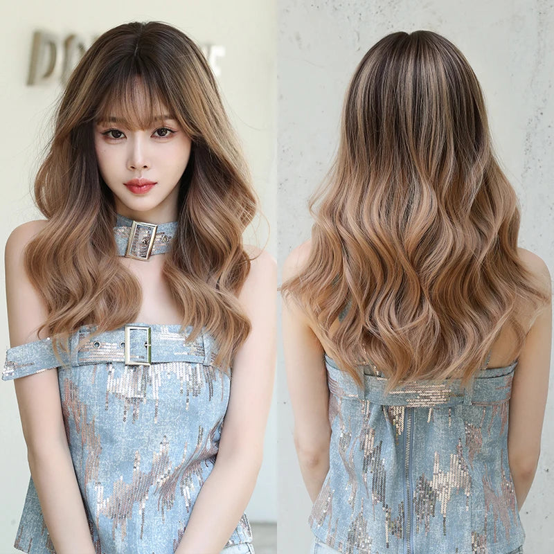 Kawaii Dreamy Sakura Pink Wavy Wig 🌸✨ | High-Density Curly Hair with Bangs for Sweet Girls 💖🎀