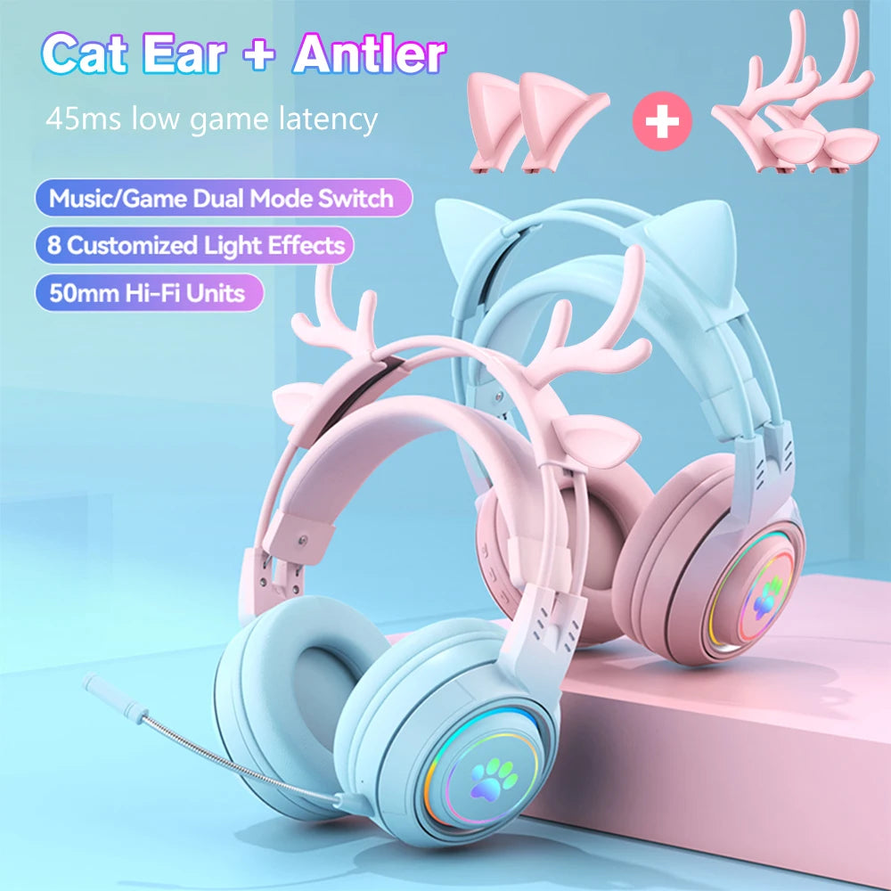 Kawaii Cat Ear Bluetooth Headphones 🎧✨ - Cute Antlers Gaming Headset with RGB Lights for Kids 🐾🦄