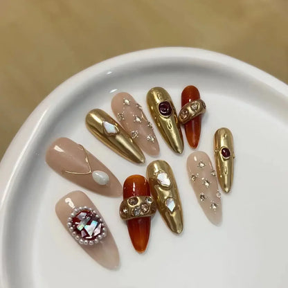 Kawaii 10-Piece Rhinestone Almond Press-On Nails ✨💅 | Handmade Acrylic Nail Art Set for Adorable Looks! 🌟