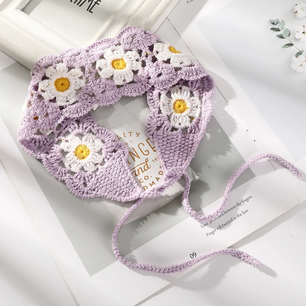 Kawaii Boho Flower Crochet Headband 🌸✨ Vintage Turban Hair Scarf for Women - Fashionable Accessory for Every Season!