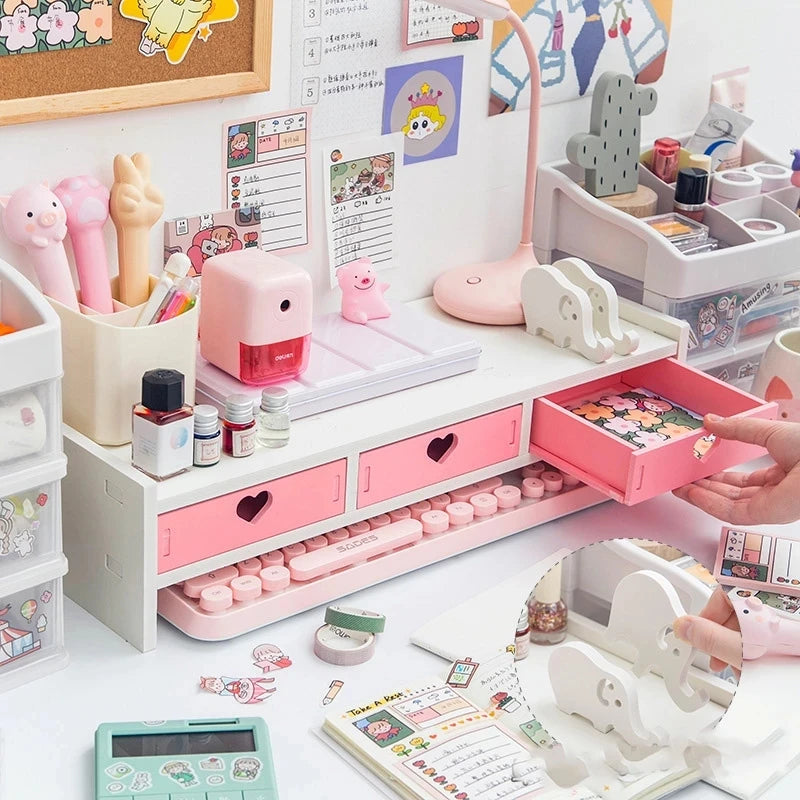 Kawaii Pink & White Heart Drawer Desk Organizer 💖✨ - Cute Monitor Riser & Stationery Holder for Students!