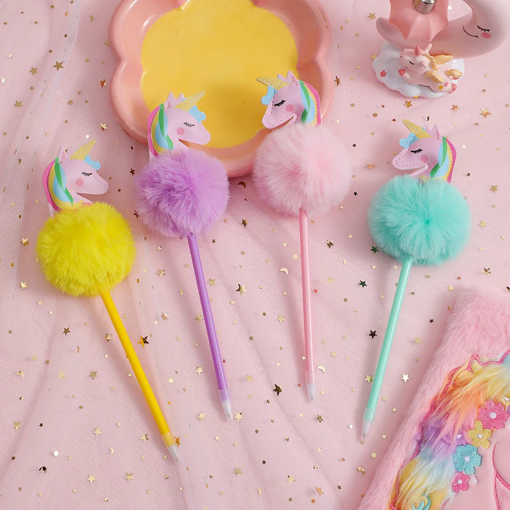 Kawaii Unicorn Plush Ballpoint Pen 🌈✨ - 4 Color Rainbow Writing Fun for Kids! 🎨🦄