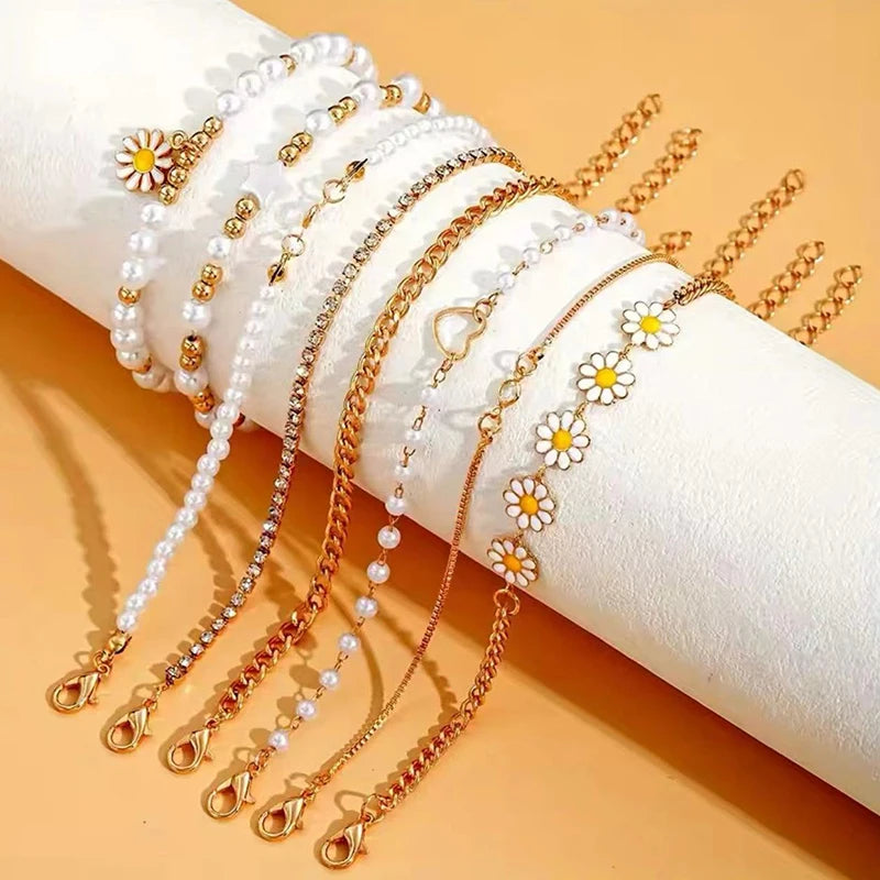 Whimsical Boho Star & Daisy Pearl Charm Bracelet Set 🌼✨ - Adjustable Eight-Piece Bangle for Fashionistas!