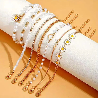 Whimsical Boho Star & Daisy Pearl Charm Bracelet Set 🌼✨ - Adjustable Eight-Piece Bangle for Fashionistas!