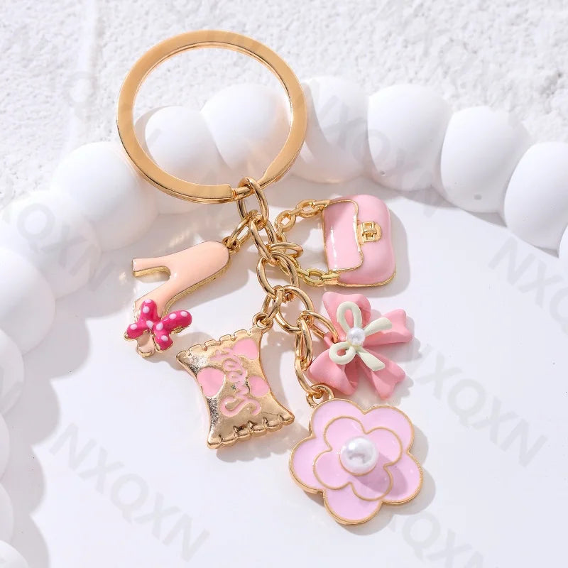 Kawaii Pink Heart Flower Bow Knot Enamel Keychain 🌸💖 Cute Fashion Accessory for Women & Girls - Handmade Birthday Gift! 🎁