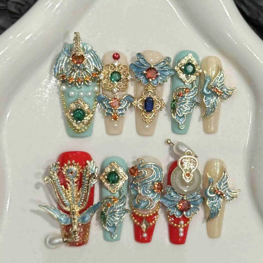 Kawaii Dragon & Phoenix Nail Art Set 🐉✨ | 10pcs Colorful Press-On Nails with Diamond & Gold Chain Decor 💖💅