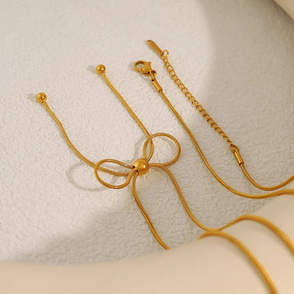 Kawaii Charm ✨ 18K Gold Plated Snake Chain Bow Pendant Necklace for Trendy Ladies 💖🥳