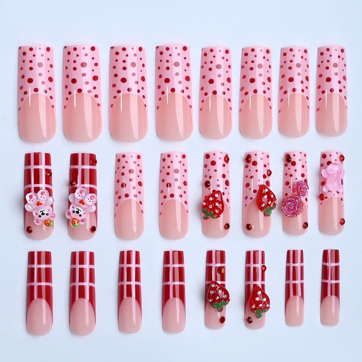 Kawaii Strawberry Bear Nail Art Set 🍓🐻 | 24 Adorable False Nails for Women & Girls ✨