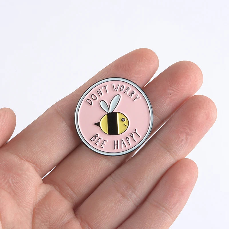 Bee Happy' Brooches Pink Cute Insect Bee Lapel Enamel pins Brooches Badges Clothes Bags pin Gift for Kids Cartoon 'Don't Worry