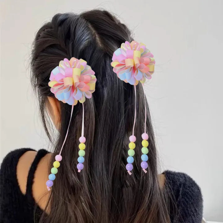 🌸✨ Adorable Flower Hair Clips Set for Girls 🌷💖 Bead & Tassel Delight! 🎀💫 - Pixie Quill