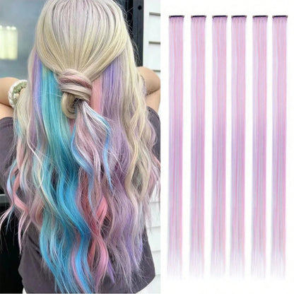 🌈✨ 6 Colorful Clip-In Hair Strands for Fun Party Looks - 22" Rainbow Dream Extensions! 🎉💖 - Pixie Quill