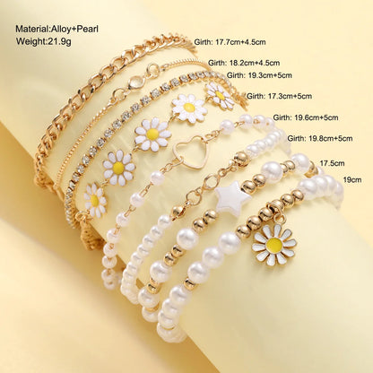 Whimsical Boho Star & Daisy Pearl Charm Bracelet Set 🌼✨ - Adjustable Eight-Piece Bangle for Fashionistas!
