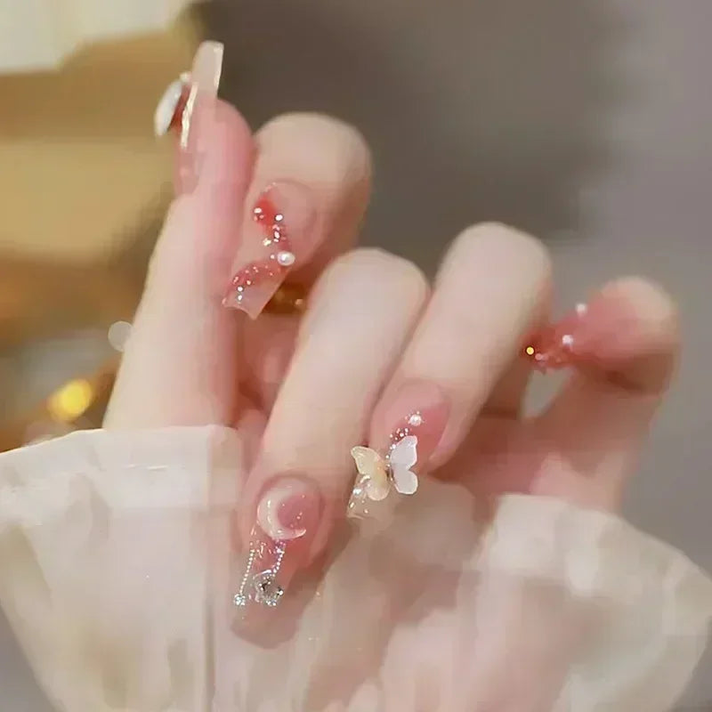 Kawaii Blush Pink Glitter Cat Eye Press-On Nails 💖✨ | 24Pcs Cute Coffin Full Cover Short Square Nail Art Tips