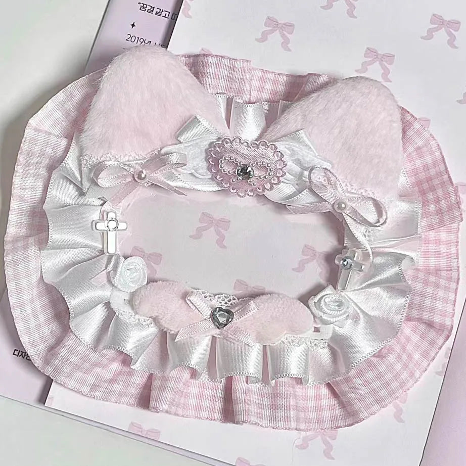 Kpop Idol Photo Holder Poker Storage Decor with Lace and Ribbon Plush Ears Cute Photocard Top Loader