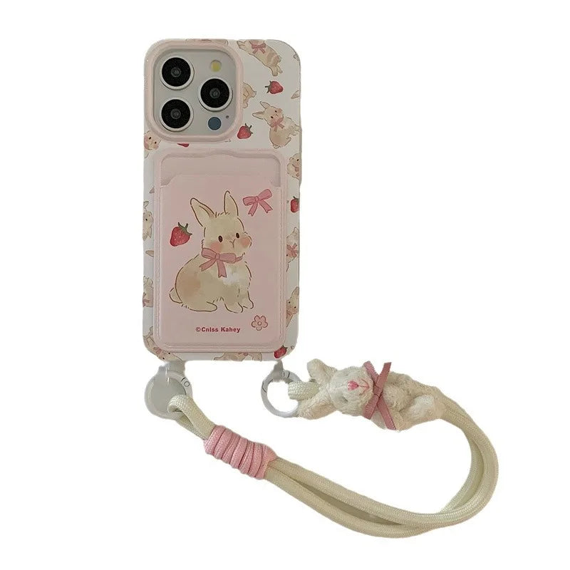 🍓🐰 Adorable Strawberry Bunny Phone Case with Lanyard for iPhone 15 & 14 Plus! 🌟📱