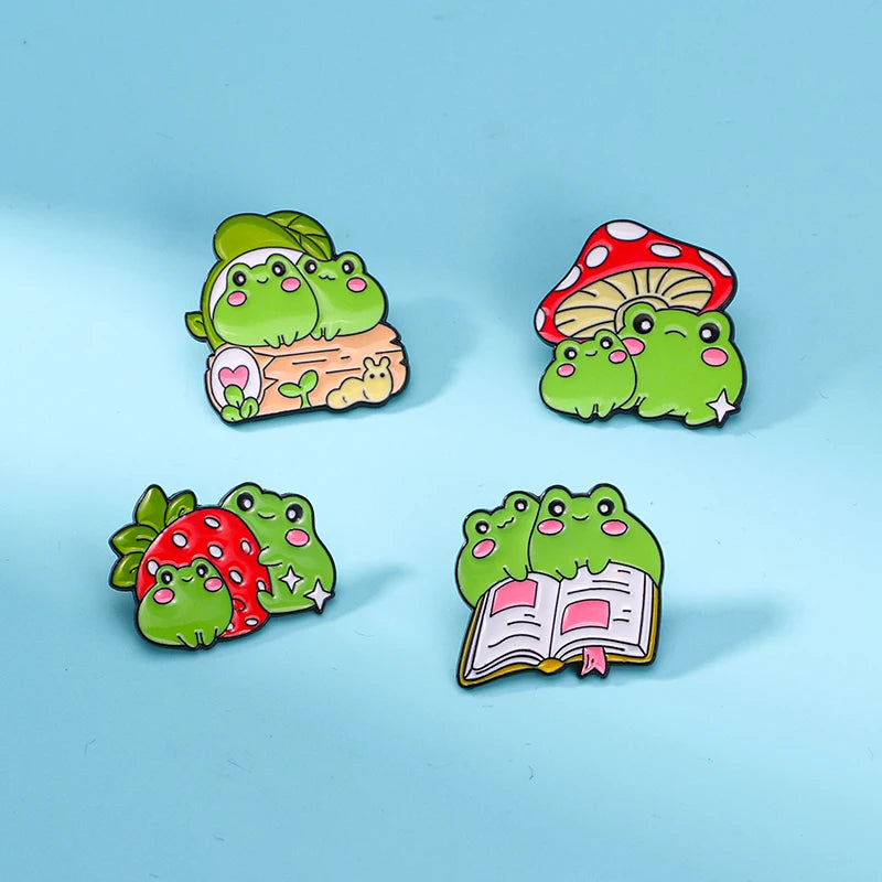 🍓🐸 Adorable Kawaii Strawberry & Frog Couple Enamel Pins - Cute Backpack Brooches! 🌟