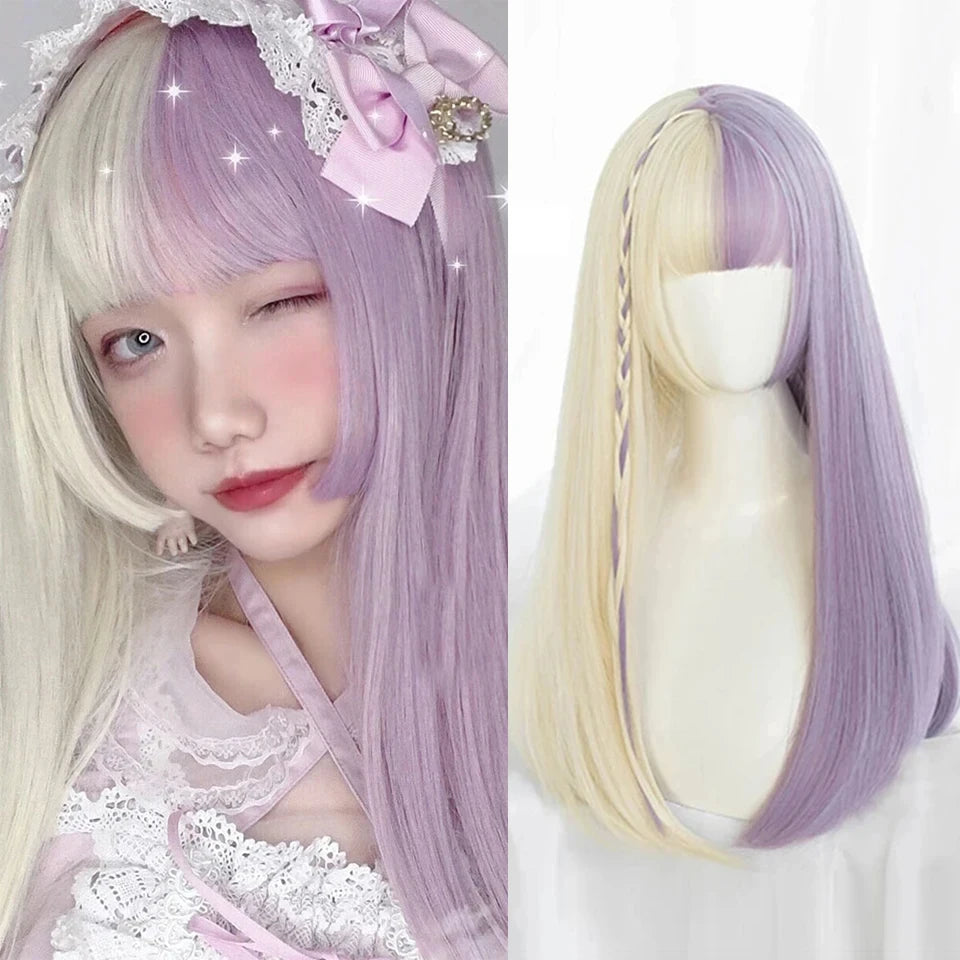 Enchanting Ombre Kawaii Wig 🌈✨ - Long Straight Lolita Style with Bangs in Glacier Blue & Blonde!