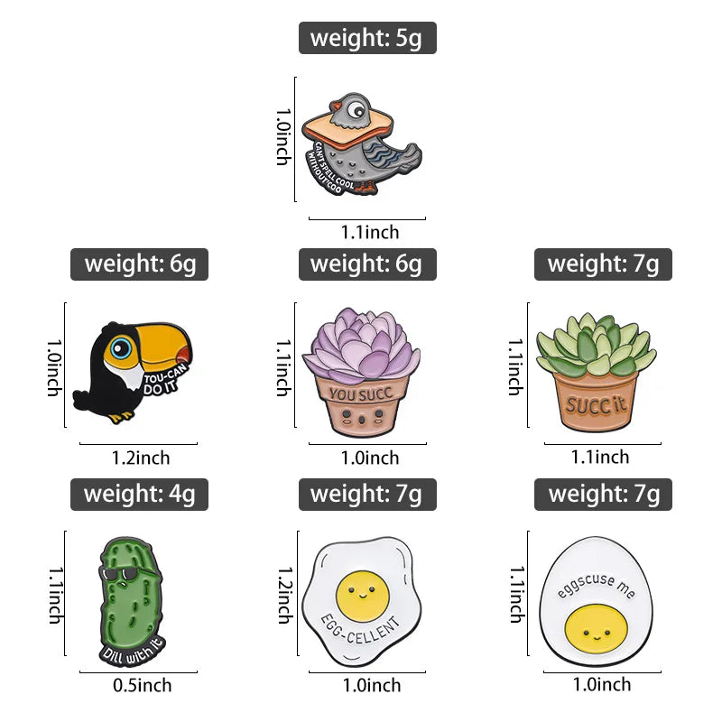 Kawaii Animal & Plant Enamel Pins 🌿🦜 Cute Brooches - Toucan, Pigeon, Succulent & More! 🥚🥒