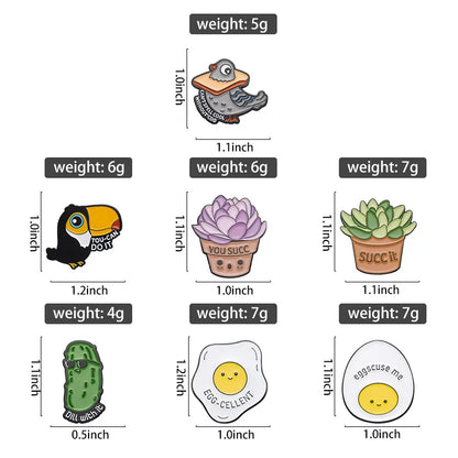Kawaii Animal & Plant Enamel Pins 🌿🦜 Cute Brooches - Toucan, Pigeon, Succulent & More! 🥚🥒