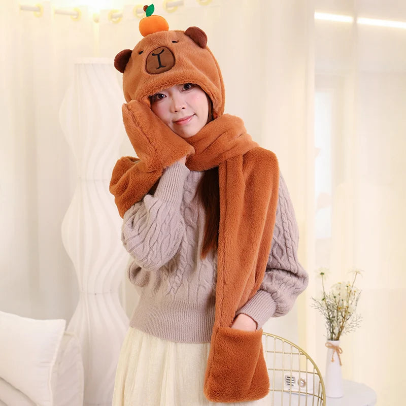 Kawaii Capybara Plush 3-in-1 Hat, Scarf & Gloves 🦙✨ Super Soft & Cozy Christmas Gift for Kids! 🎄💖