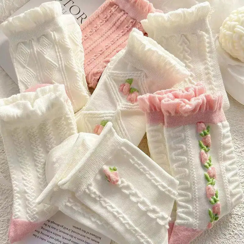 Ruffled White Socks Set 🌸👣 - 5 Pairs of Sweet Cotton Cuties for Spring & Summer! 💖 - Pixie Quill