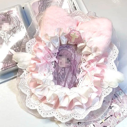 Kpop Idol Photo Holder Poker Storage Decor with Lace and Ribbon Plush Ears Cute Photocard Top Loader
