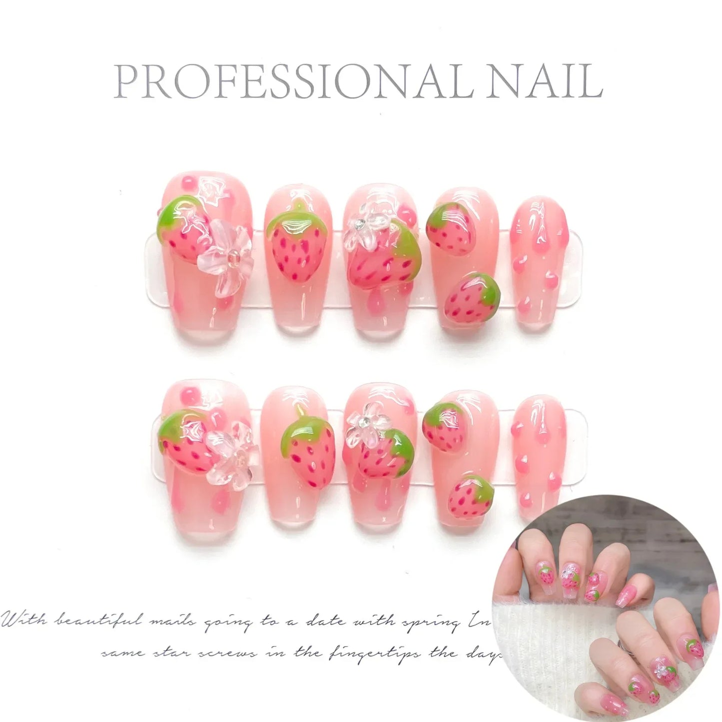 Kawaii Strawberry Dream 🌸🍓 10pcs Handmade Pink Coffin Press-On Nails - Sweet 5D Decor for Cute Manicures!